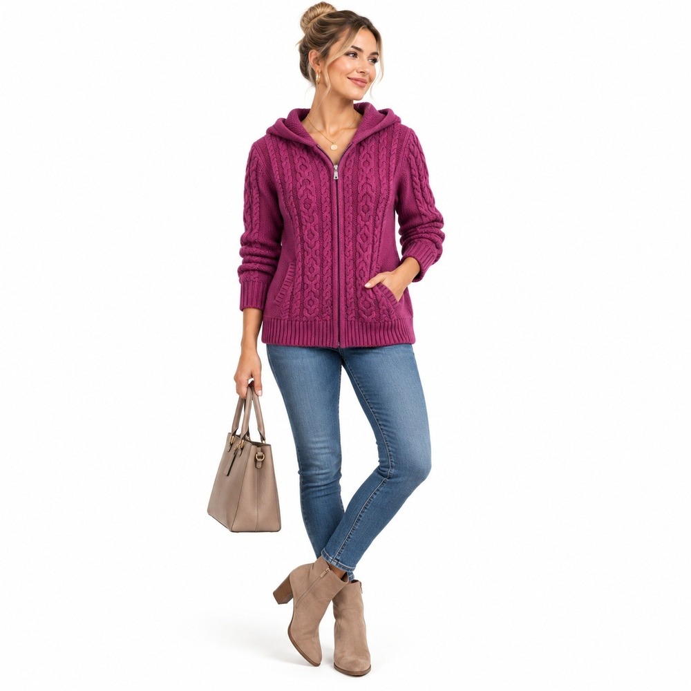 L.L. Bean Sweater Women XL Purple Cable Knit Zip Hoodie Cotton Casual Preppy